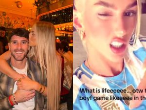 Kelci-Rose, la novia futbolista de Marcos Senesi, alentó a la Scaloneta en el debut con Argelia